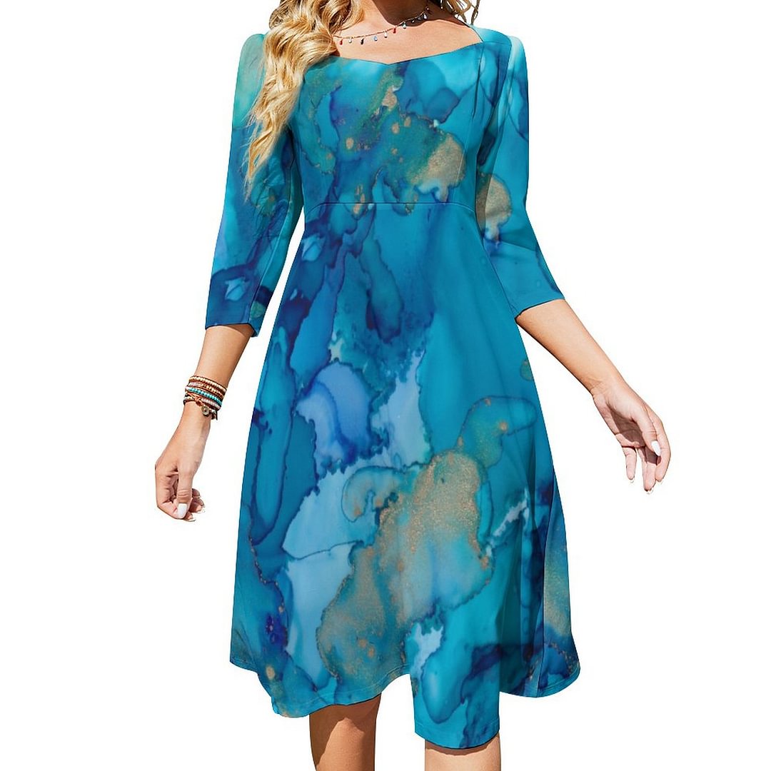 Leggings Blue Gold Ink Design Dress Sweetheart Tie Back Flared 3/4 Sleeve Midi Dresses
