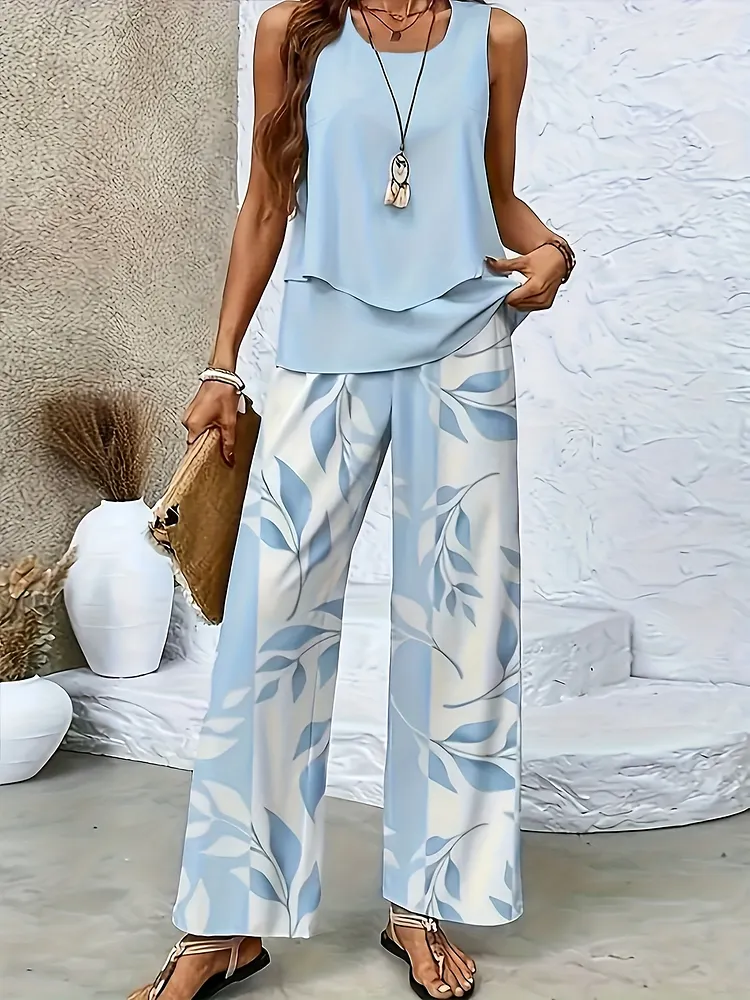 New Twill Vegetal Stripe Print Square Neck Double Sleeveless Vest Straight