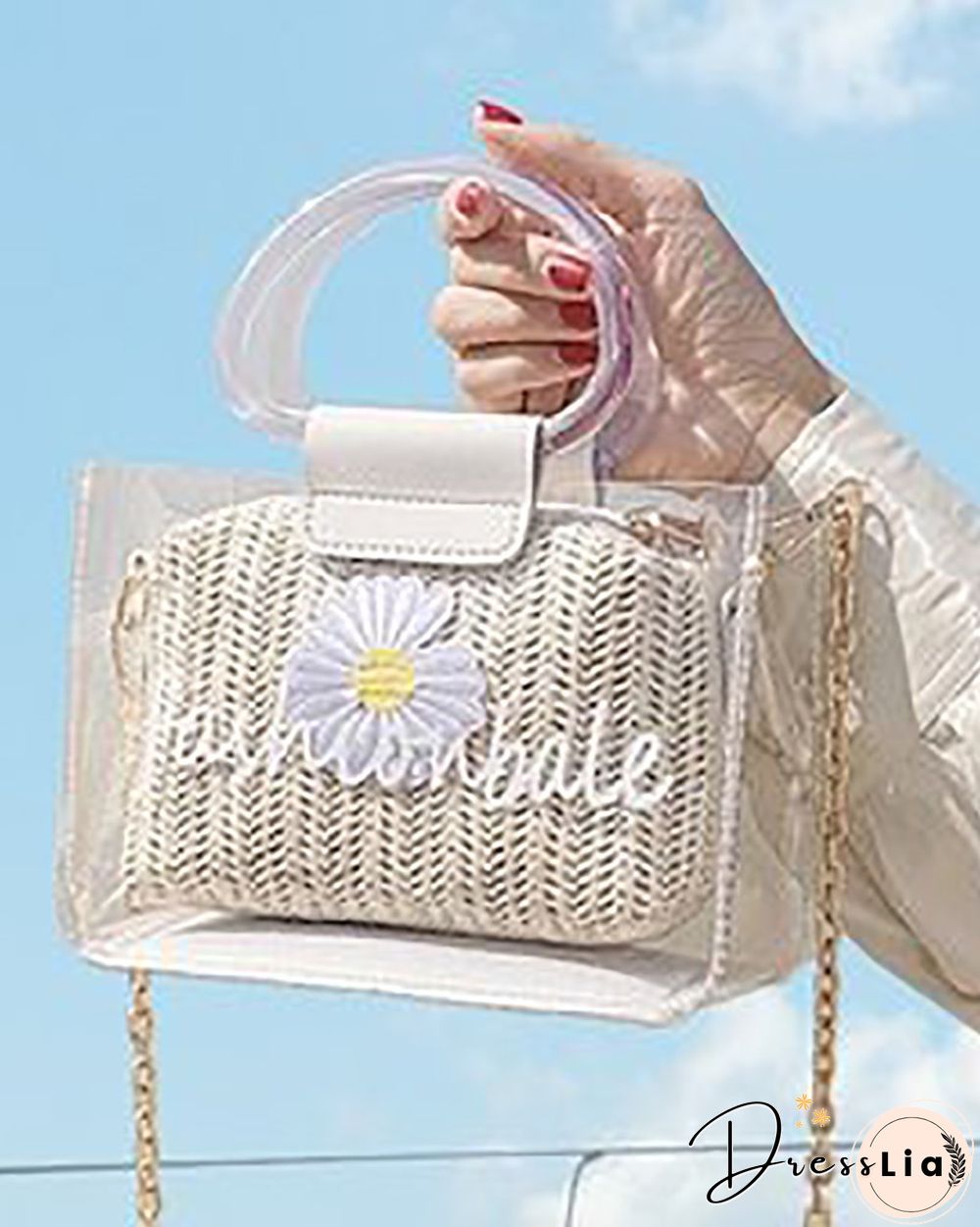 Clear Letter Print Floral Pattern Satchel Bag