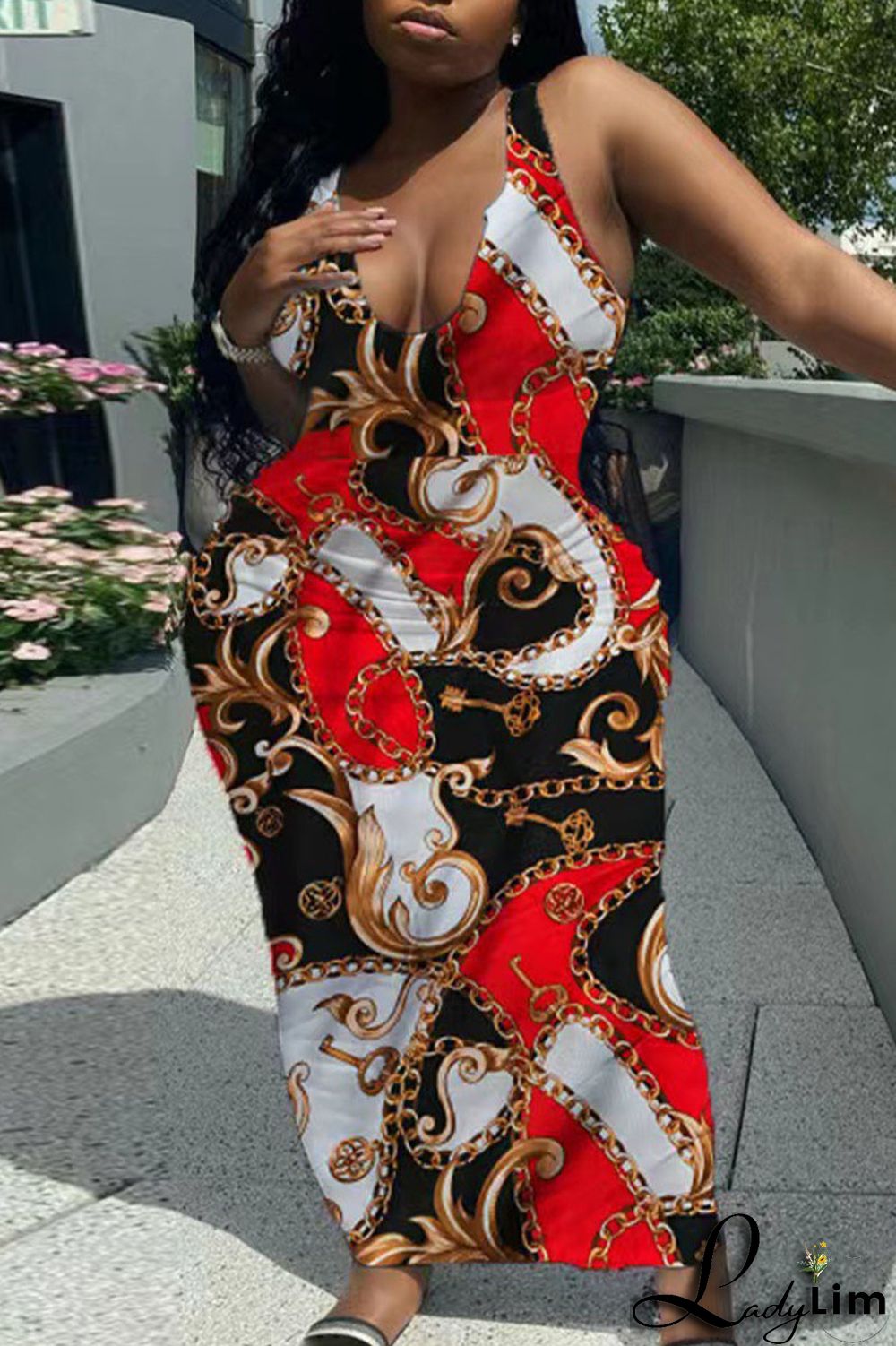 Tangerine Red Sexy Daily Print Graffiti V Neck Wrapped Skirt Plus Size Dresses