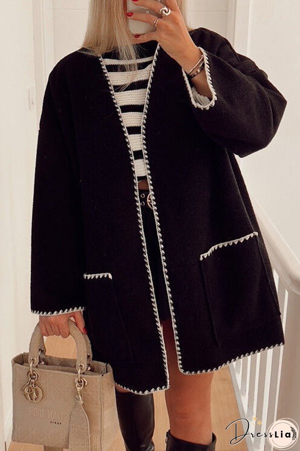 British Style Elegant Solid Pocket Contrast V Neck Outerwear