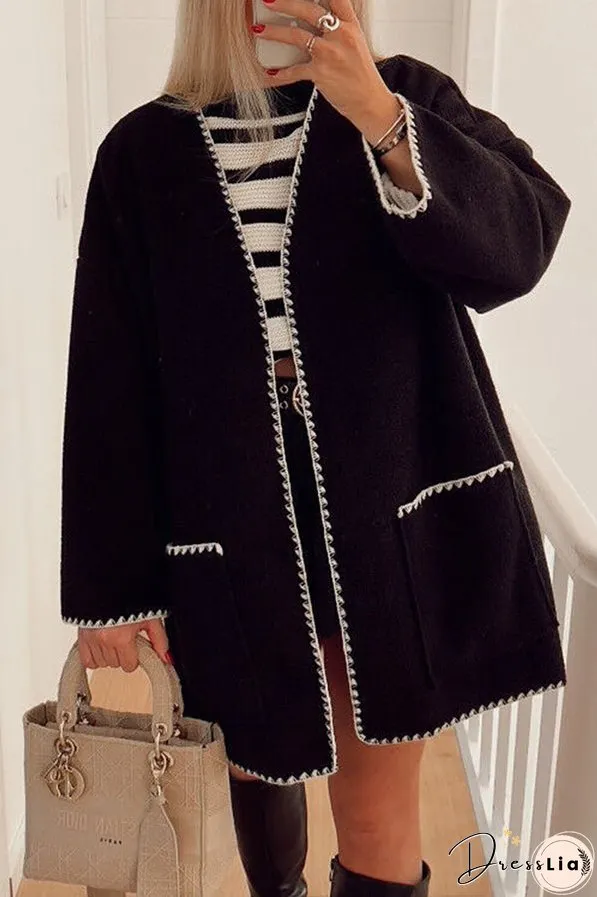British Style Elegant Solid Pocket Contrast V Neck Outerwear