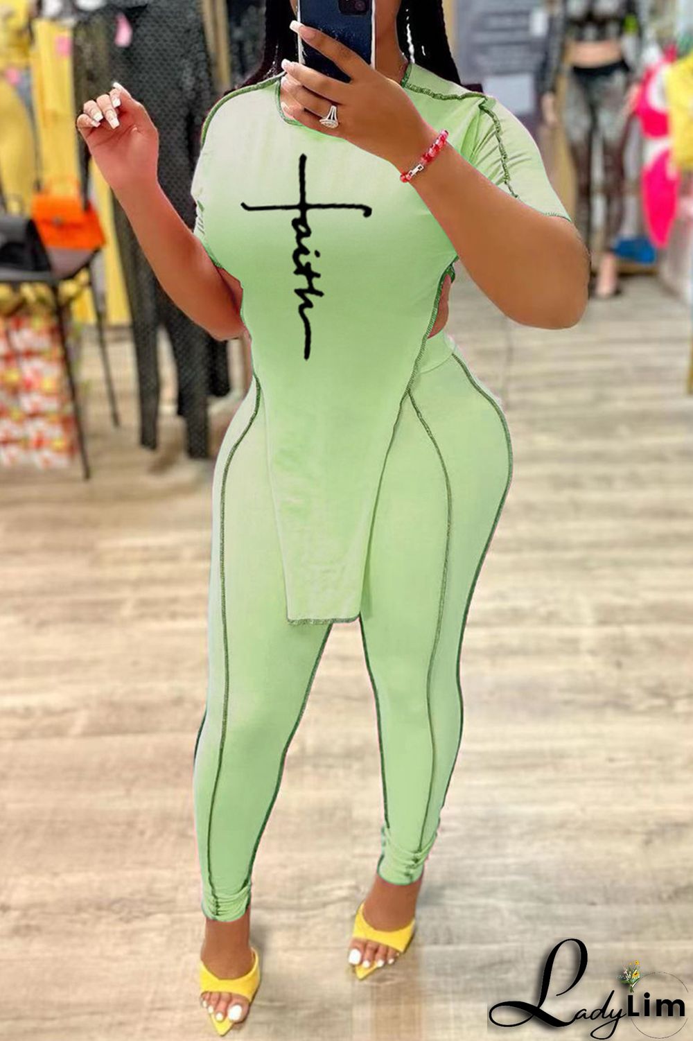 Pink Fashion Casual Print Asymmetrical O Neck Short Sleeve Two Pieces