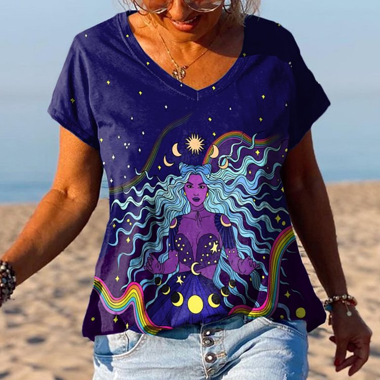Hippie Druck V-ausschnitt Casual T-Shirt