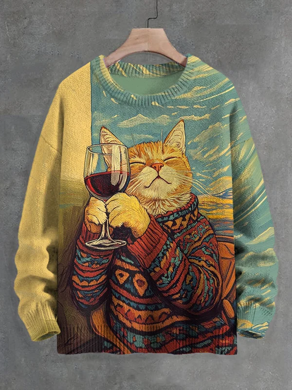Men's Cat Holding A Goblet Art Print Knit Sweatshirt