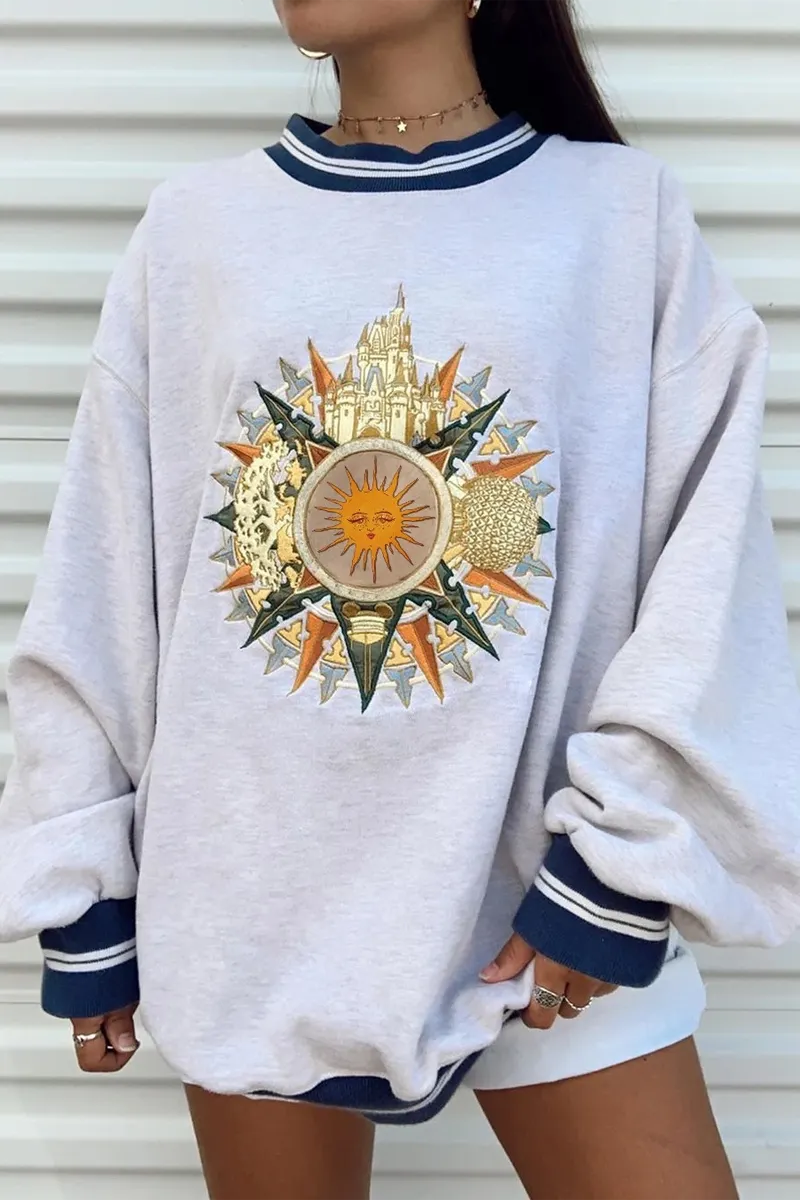 Moon Sun Print Round Neck Sweatshirt