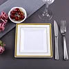 10 Pack | 7" Gold Trim White Plastic Square Dessert Plates, Disposable Appetizer Salad Plates