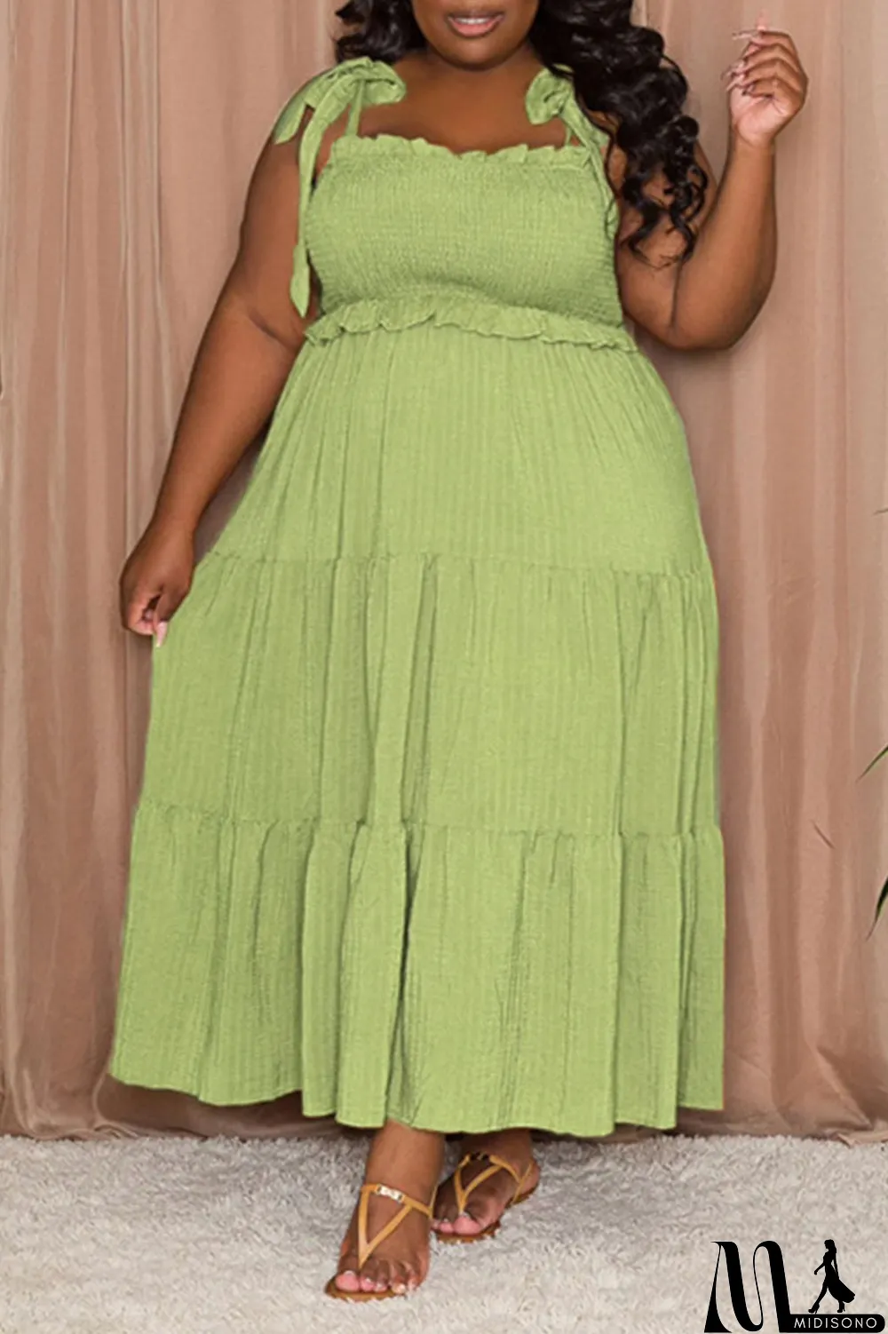 MidiSono - Pink Casual Sweet Solid Bandage Patchwork Fold Spaghetti Strap Sling Dress Plus Size Dresses