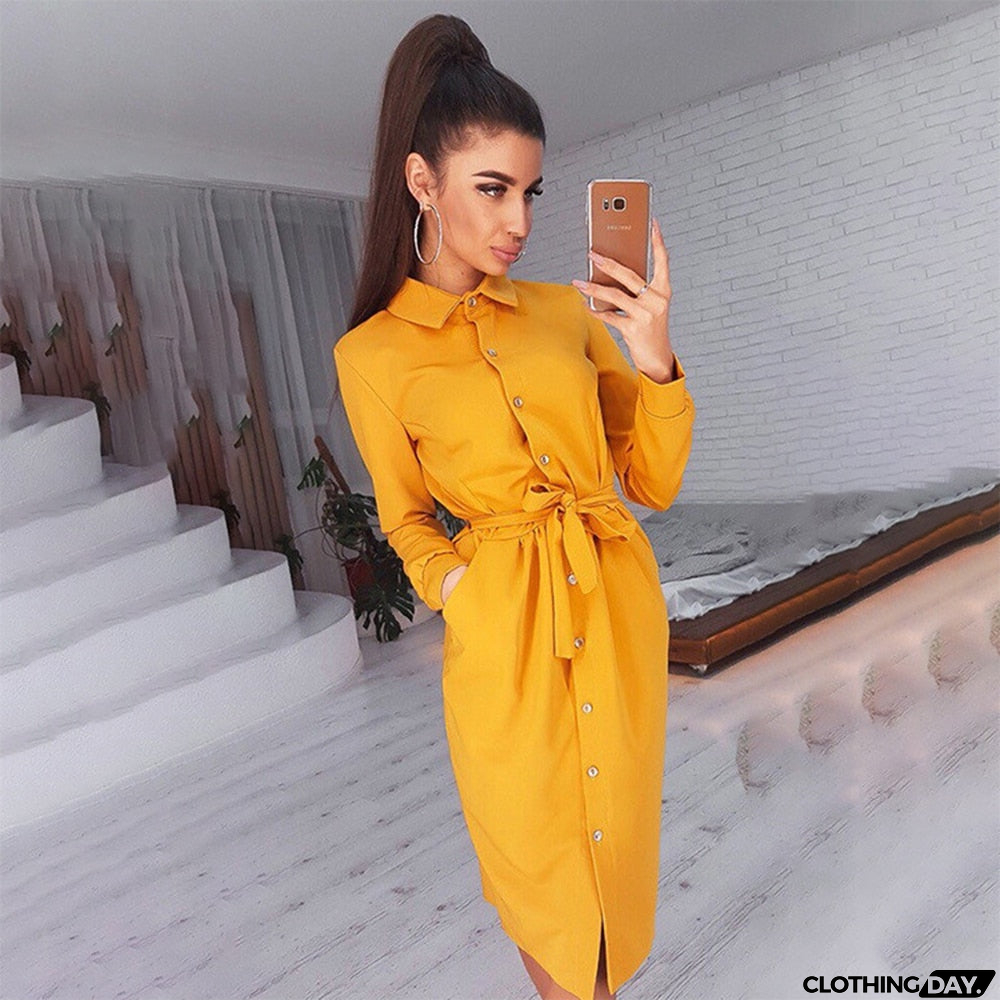Long Dress Women Autumn Spring Casual Office Ladies Solid Green Long Sleeve Button Up Shirt Dresses Clothes  Fall Fashion