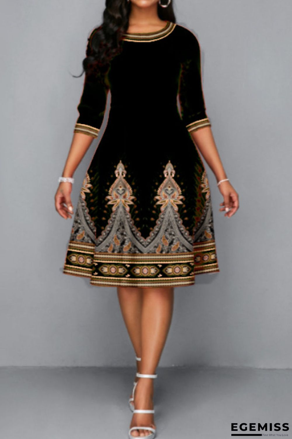 Black Casual Print Patchwork O Neck A Line Dresses | EGEMISS