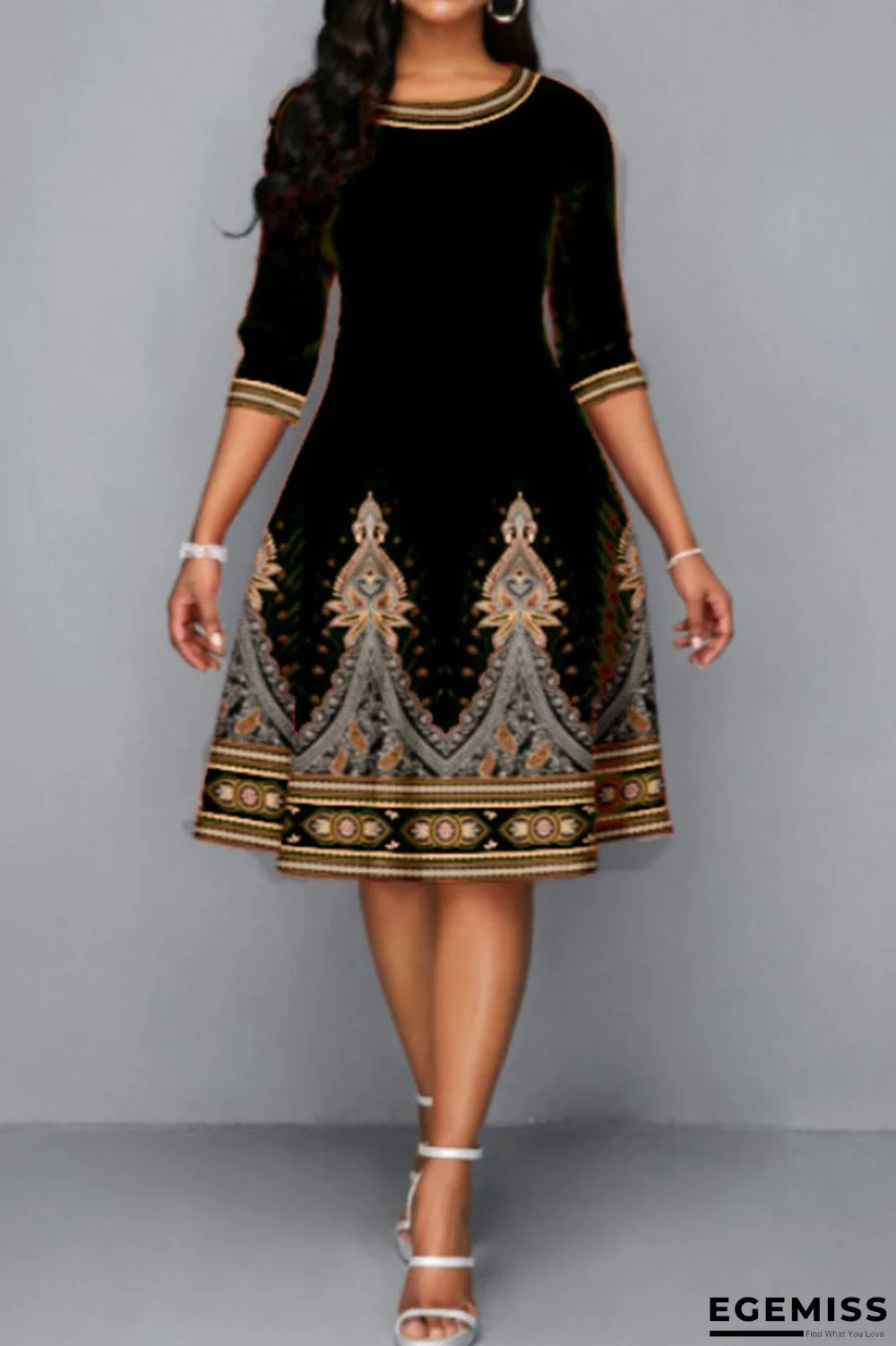 Black Casual Print Patchwork O Neck A Line Dresses | EGEMISS