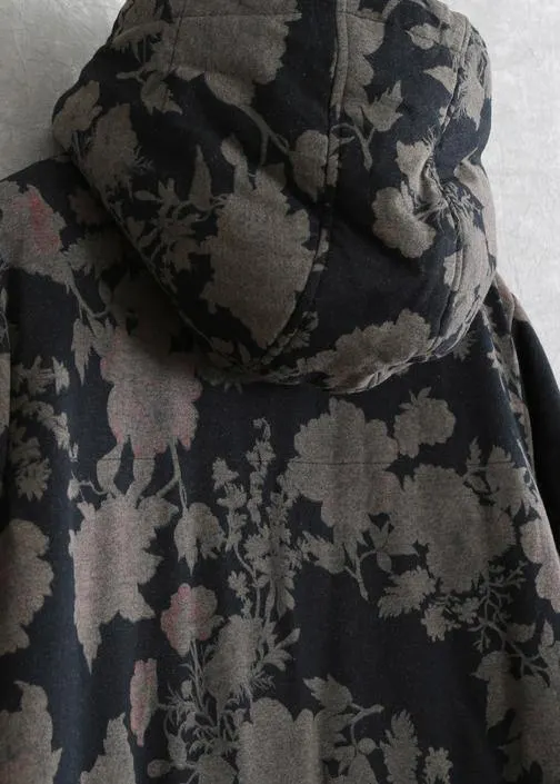 Luxury plus size snow coats black print hooded Button Down women parka