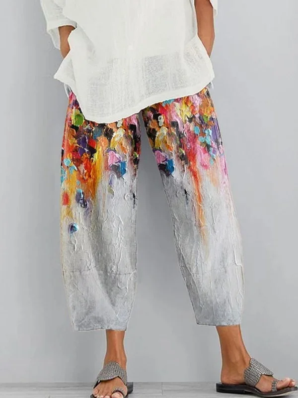 Casual Floral Oil Painting Print Trousers