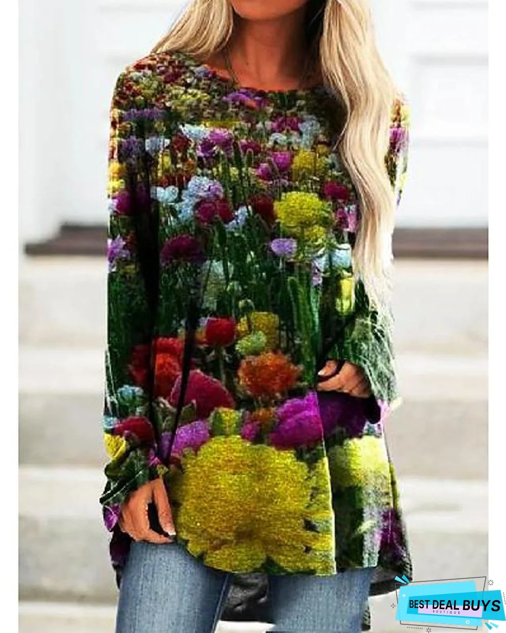 Women's T-Shirt Dress Tee Dress Knee Length Dress Long Sleeve Floral Patchwork Print Fall Spring Casual Vintage Green