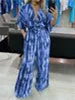 Women Short Sleeve V-neck Striped Printed Jumpsuit