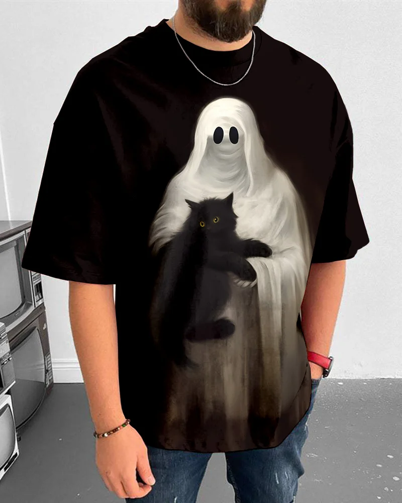 Suitmens Men's Halloween Ghost And Black Cat Short Sleeve T-Shirt 062