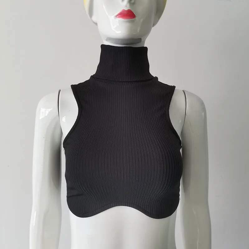 Churchf Churchf Summer New Slim Small Vest Vertical Grain High Collar Open Back Tight Top Direct Sales