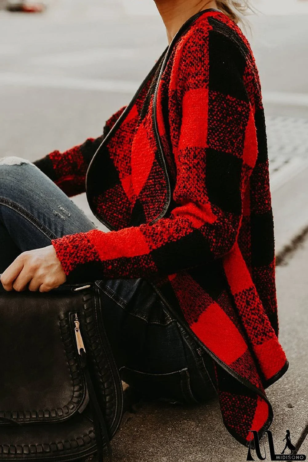 MidiSono - Plaid Long Sleeve Asymmetric Collar Open Front Coat