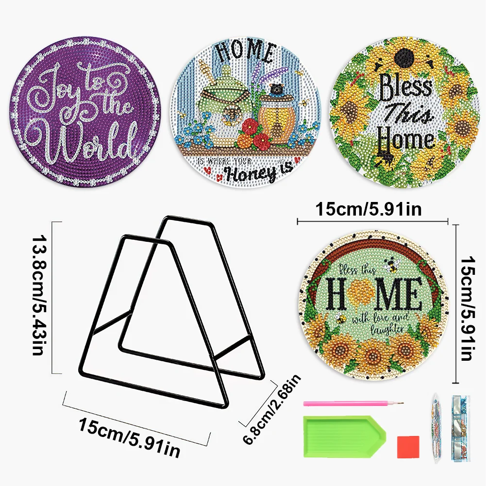 4pcs DIY Flower Letters Wooden Diamond Painted Placemats for Dining Table Decor(15*15cm)