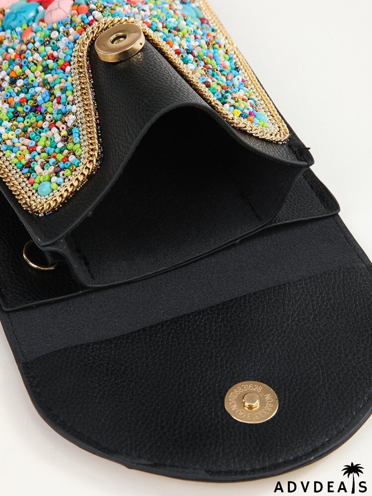 Colorblock Contrast Binding Beaded Decor Flap Square Bag