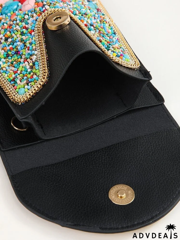 Colorblock Contrast Binding Beaded Decor Flap Square Bag