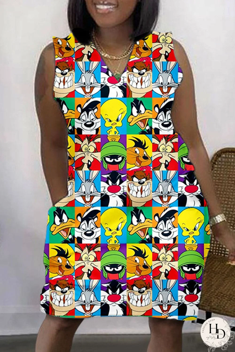 Colour Casual Print Basic V Neck Sleeveless Dress Dresses