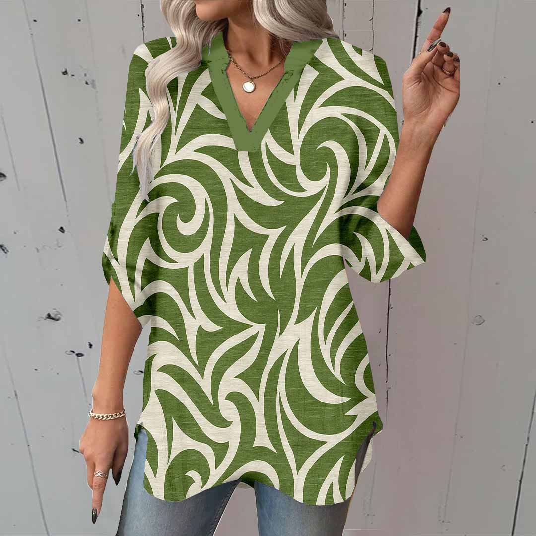 Women Tropical, Green DZGA0102 3/4 Sleeve V-neck Printed Graphic Button Tops