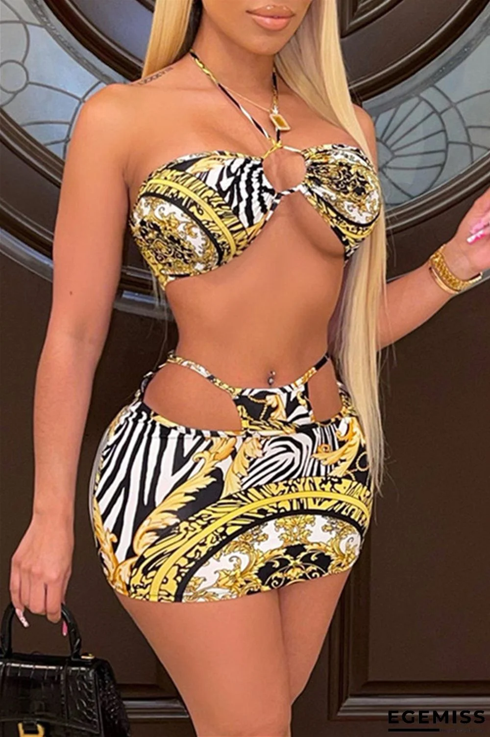Black Fashion Sexy Print Bandage Backless Strapless Sleeveless Two Pieces | EGEMISS