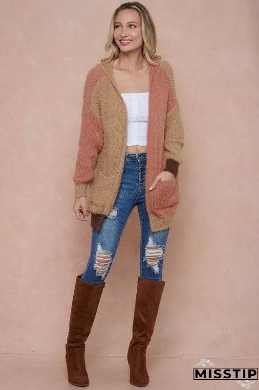 Sweater Hooded Open Front Long Sleeve Cardigan - Rose Camel and Brown
