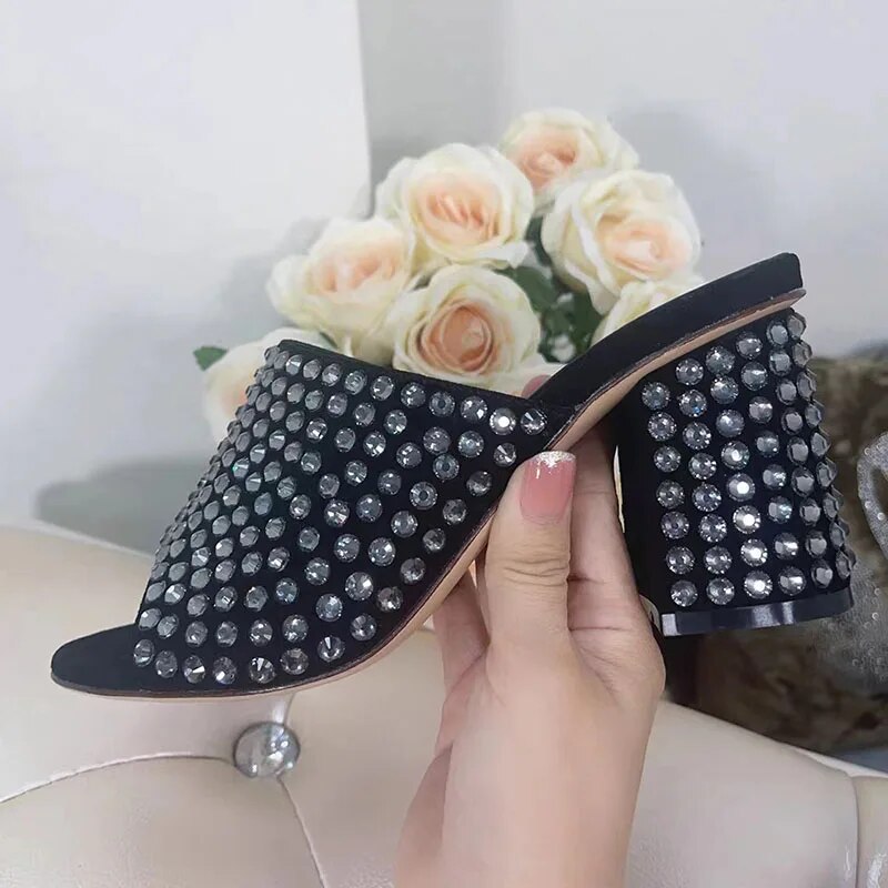 Rose Rhinestone Sandals Woman Open Toe Real Suede High Heels Pumps Lady Mules Shoes