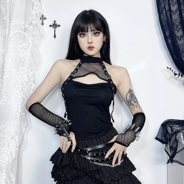 Gothic Fishing Net Cut-out  Buckled Tank Crop Top With Sleeve Cover