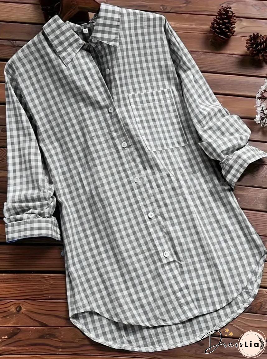 Women's Cotton Plaid Lapel Long-sleeved Retro Shirt Blouses