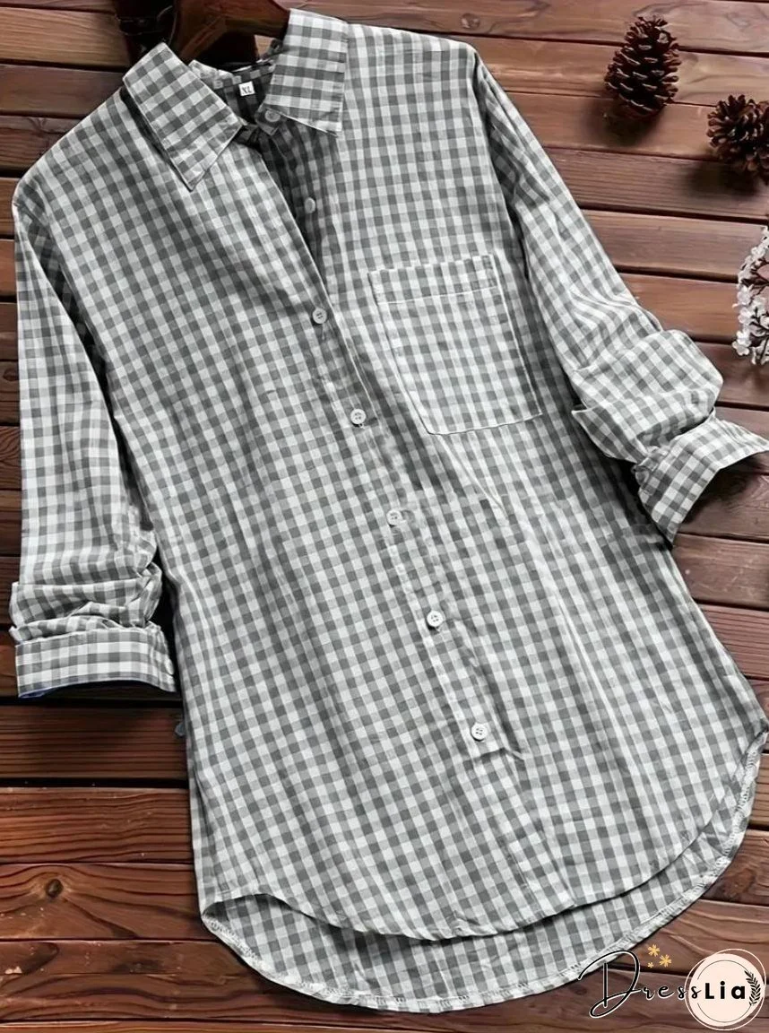 Women's Cotton Plaid Lapel Long-sleeved Retro Shirt Blouses
