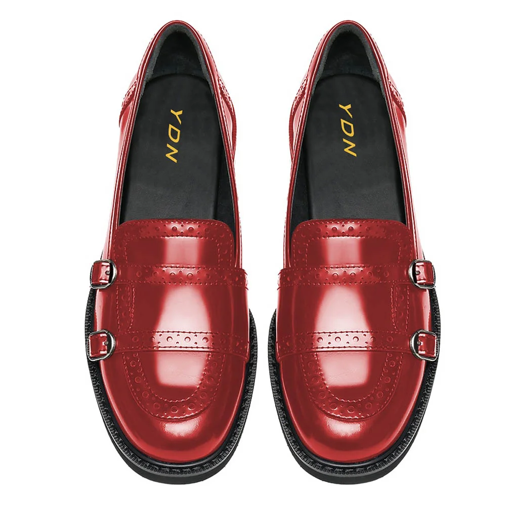 Red Patent Leather Round Toe Buckle Decor Chunky Heeled Loafers