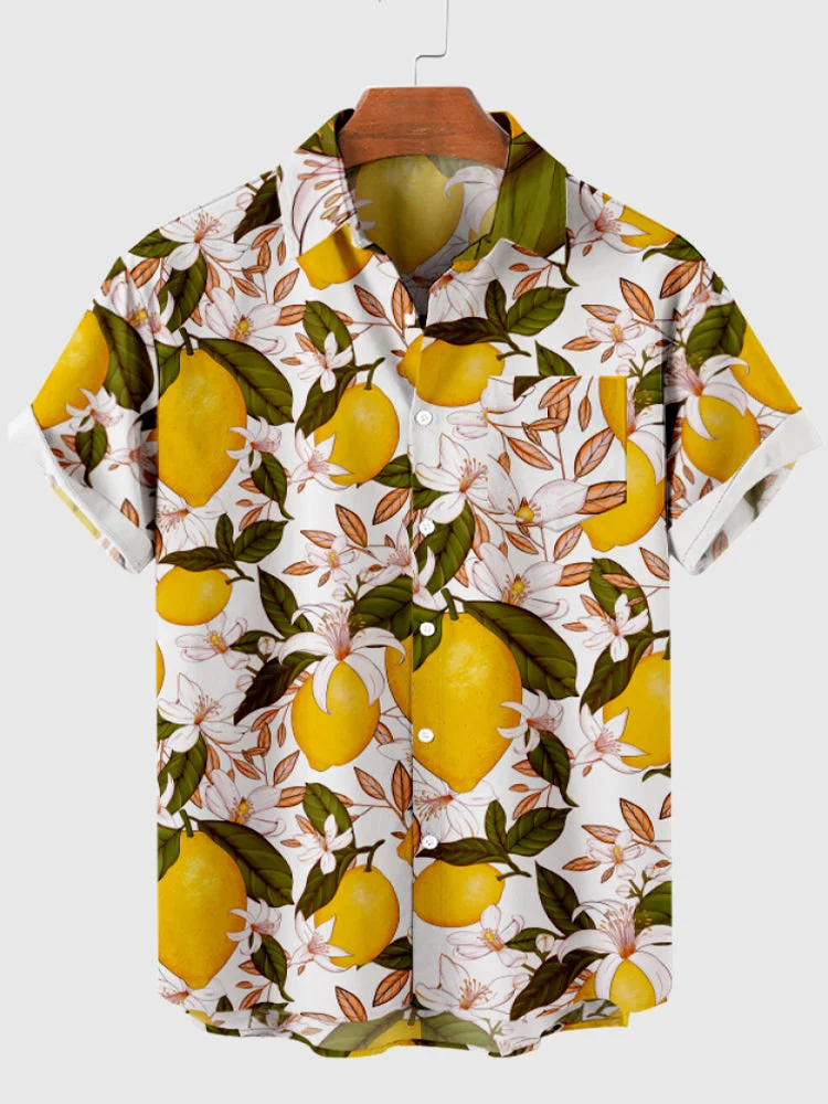 Lemon and Flower Printing Men's Short Sleeve Shirt