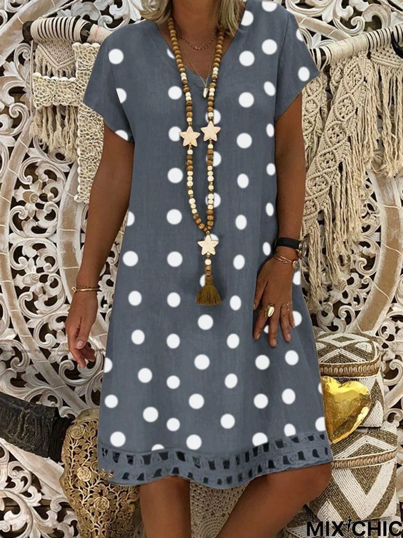 Women's V-Neck Short Sleeve Polka Dot Hollow Casual Dress