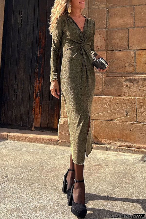 Outshine You Metallic Center Front Kink Slit Stretch Midi Dress