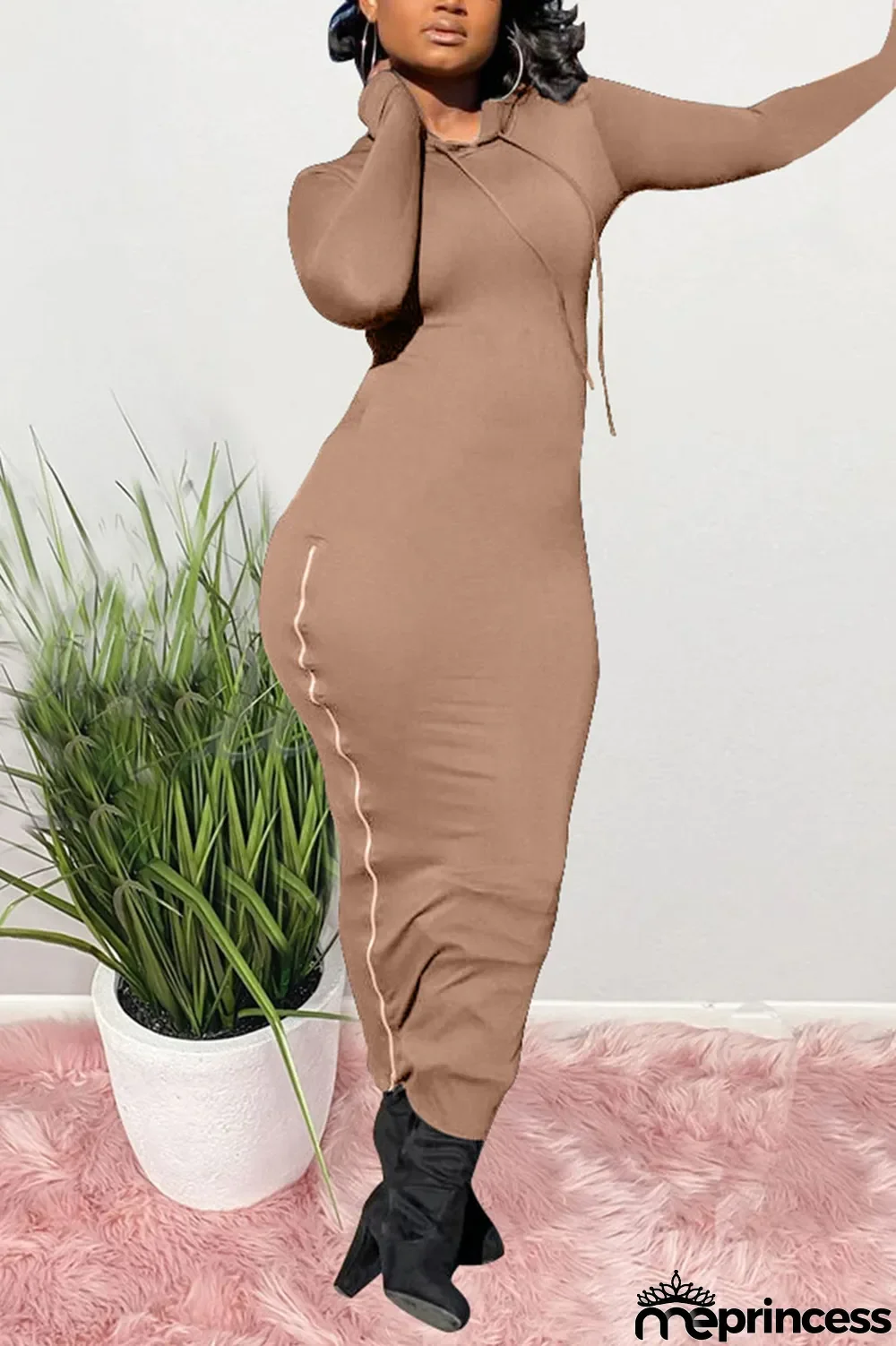 Khaki Sexy Solid Slit O Neck Pencil Skirt Dresses
