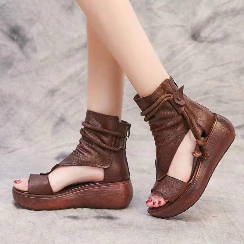 High-Top Height Increasing Wedge Sandal Boots Soft Leather Platform Peep Toe Sandals