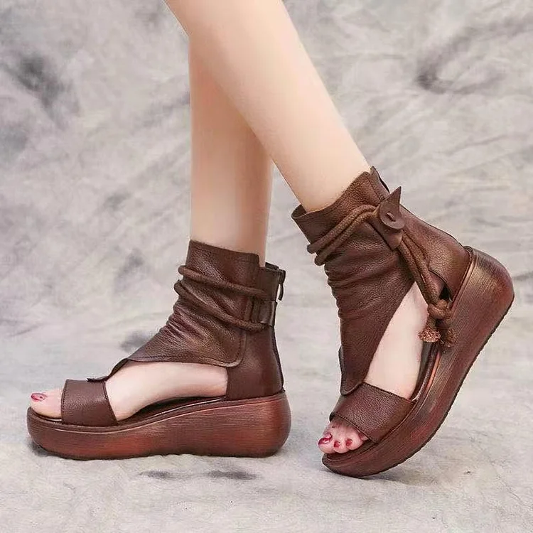 High-Top Height Increasing Wedge Sandal Boots Soft Leather Platform Peep Toe Sandals VangoghDress