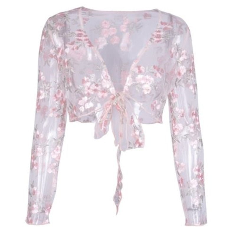Women Blouse Summer See-through Sheer Mesh Fishnet Long Sleeve Shirt Ladies Tops Blouse Tee Tops Blouses Woman 2019 Floral Shirt