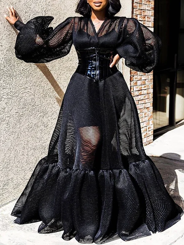 Fashion Puff Sleeve Solid Color Empire See-Through Black Casual Maxi Dress