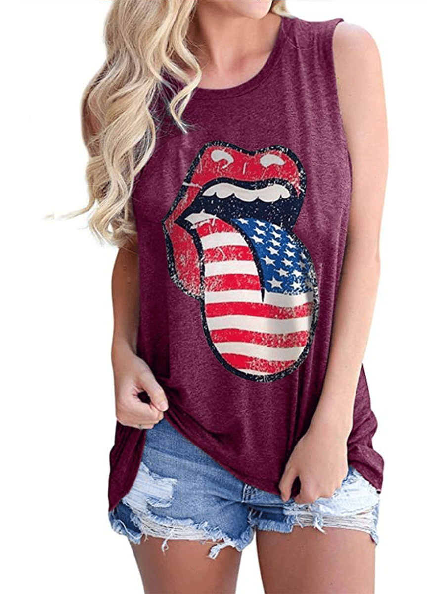Independence Day Flag Lips Printed Crew Neck Vest