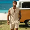 Men's Jacquard Casual Sleeveless Cardigan And Shorts Set With Stand Collar by Inlyline