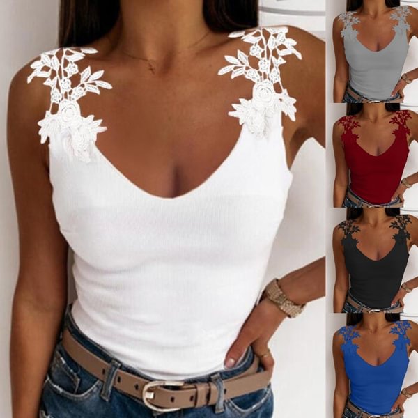 Women Fashion Lace Print Solid Color Round Neck Sleeveless Tank Tops Slim Fit Summer Sleeveless Tops - Shop Trendy Women's Clothing | LoverChic