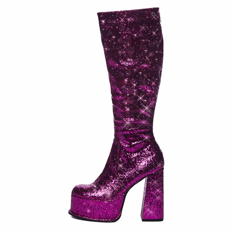 Purple Square Toe Platform Boots Glitter Knee High Boots