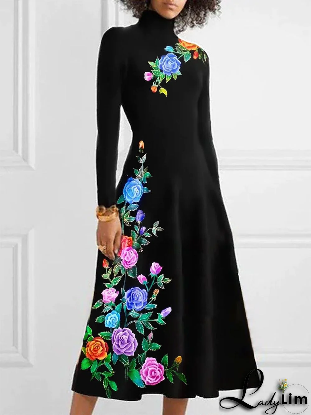 UR Turtleneck Floral Long Sleeve A-line Midi Dress