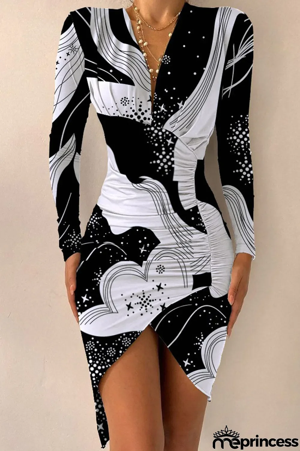 Leopard Print Sexy Print Split Joint Fold Asymmetrical V Neck Irregular Dress Dresses