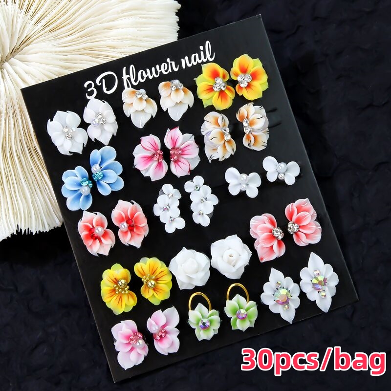 Toodelamart 30/10pcs 3D Acrylic Flowers Nail Charms White Handmade Flowers Summer Designer DIY Accessories 100% Real Acrylic Flower Manicure