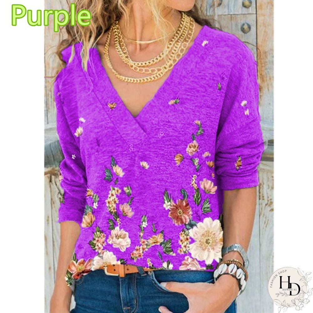 Spring and Autumn New Fashion Womens V-Neck Flowers Print Loose Long Sleeve T-Shirt Casual